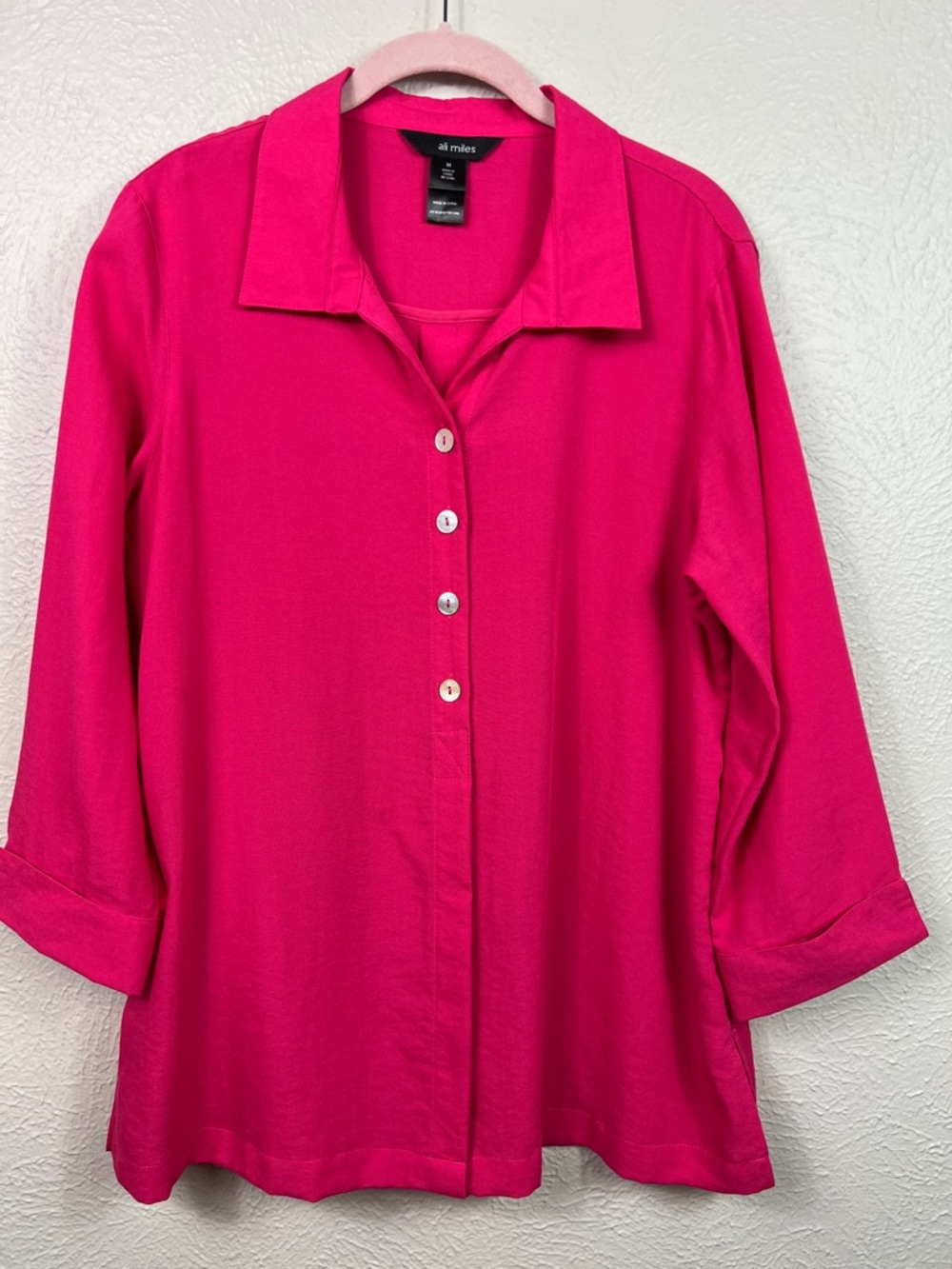 Ali Miles Fuchsia Pink 3/4 Cuff Sleeve Button Front tunic Top Medium